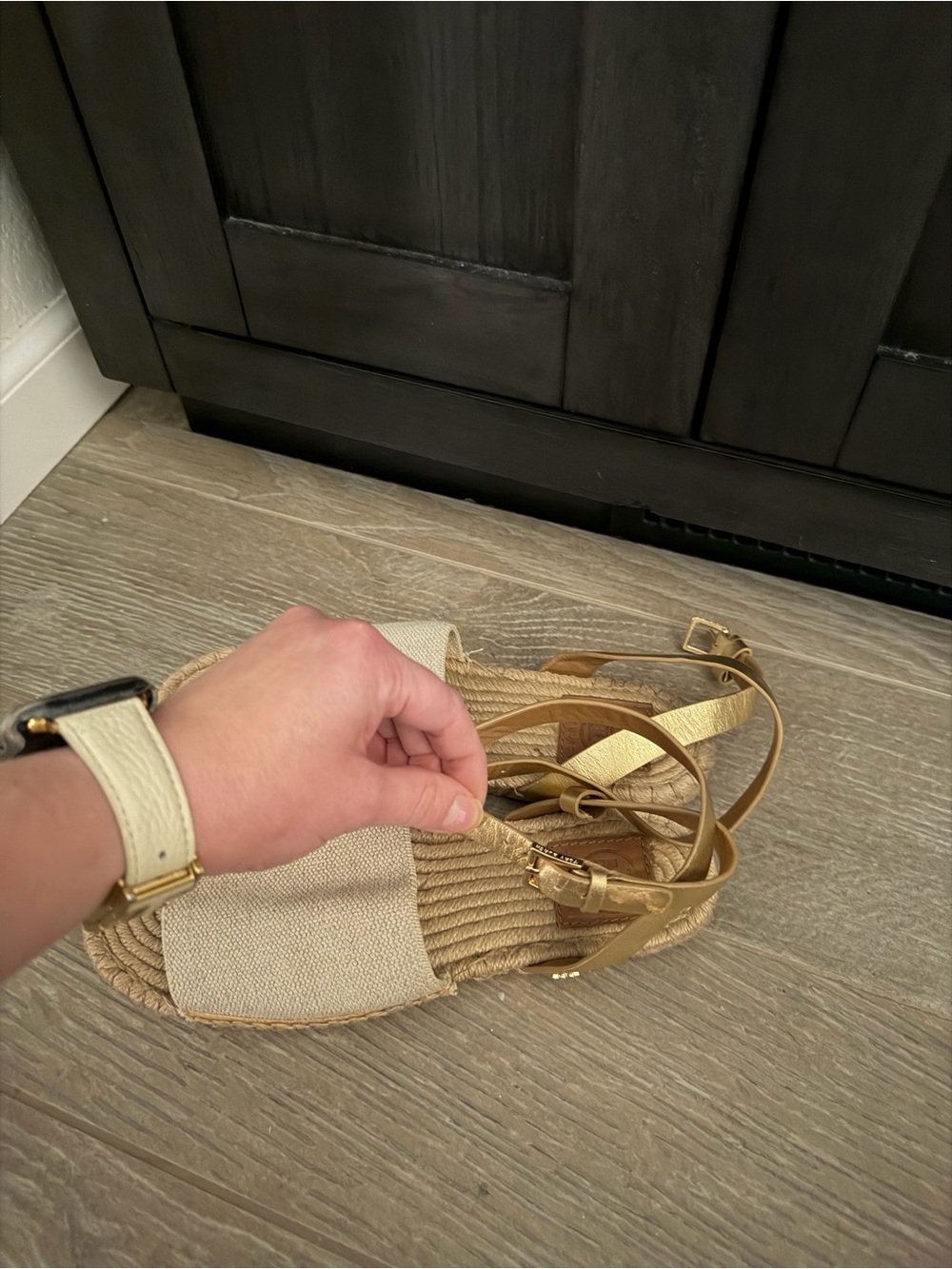 Tory Burch Beige Canvas Espadrille Sandals with Tan Ankle Strap